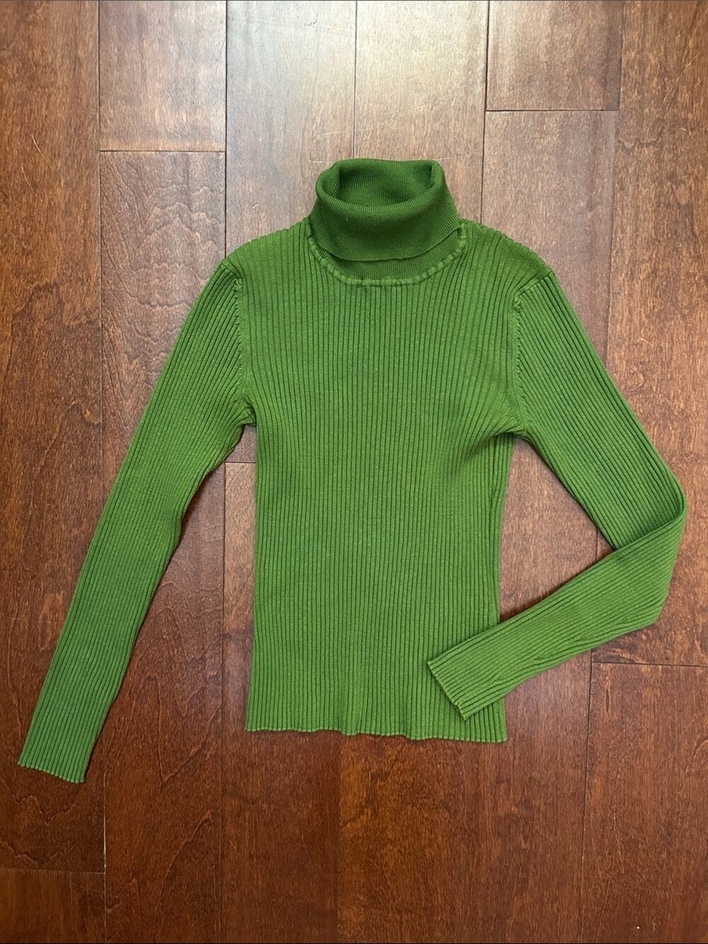 Spenser Jeremy Vintage Silk Blend Fitted Green Ribbed Turtleneck Sweater, Size S